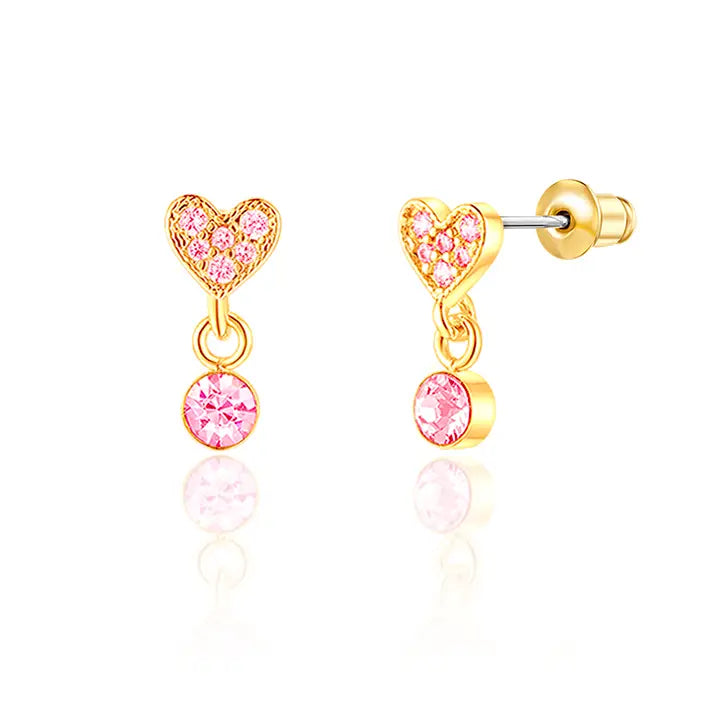 Girl Nation: Little Luxe Drop Hypoallergenic Earrings - Heart with Pink Gem