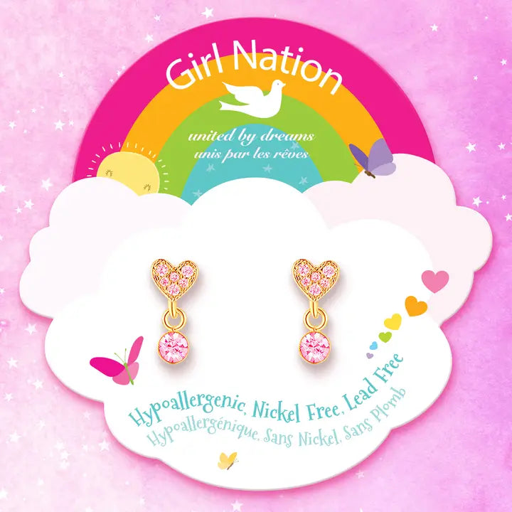 Girl Nation: Little Luxe Drop Hypoallergenic Earrings - Heart with Pink Gem
