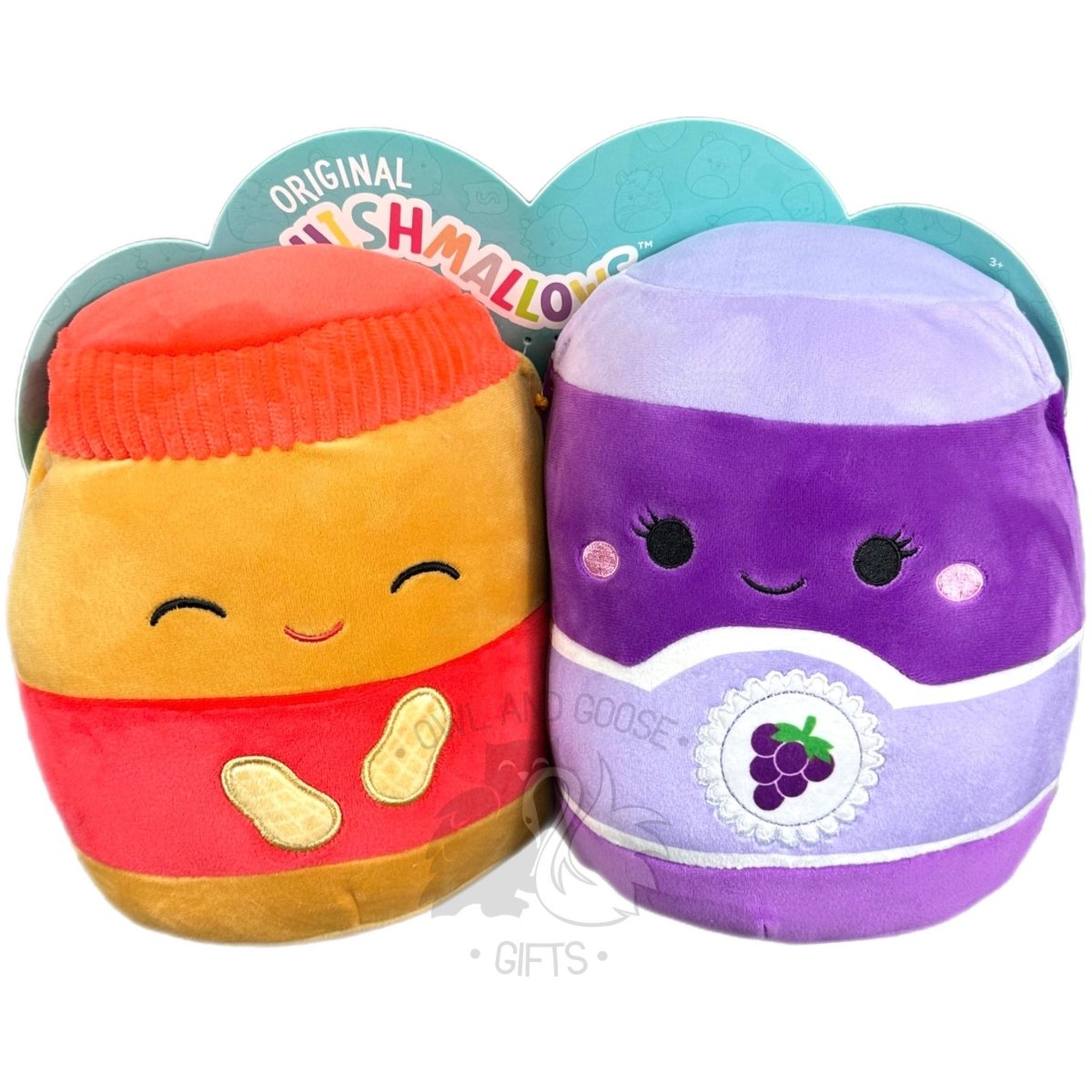 Squishmallow 8 Inch Nedison the Peanut Butter and Argie the Jelly Perfect Pair Plush Toy - Owl & Goose Gifts