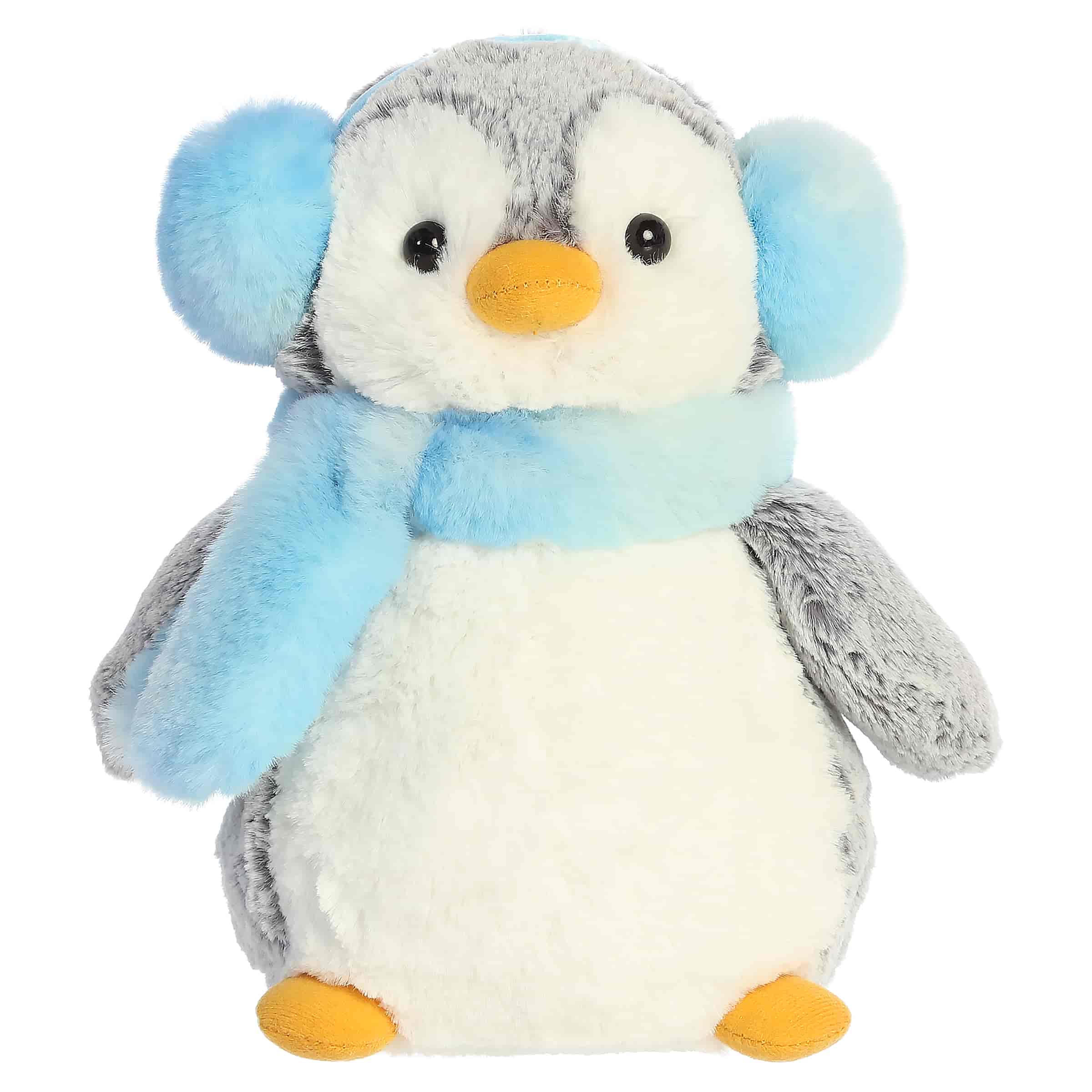 Aurora Plush 9 Inch Pom Pom Penguin with Icy Blue Muffs and Scarf Holiday Plush Toy