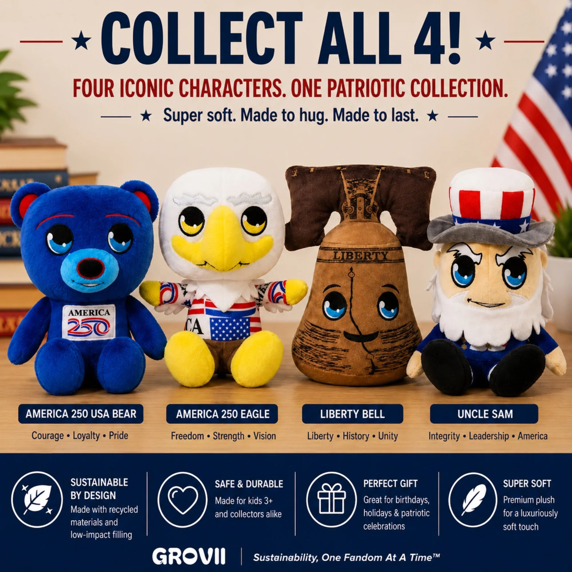 Grovii 8 Inch Midori Plushie Toy - America 250 American Bear