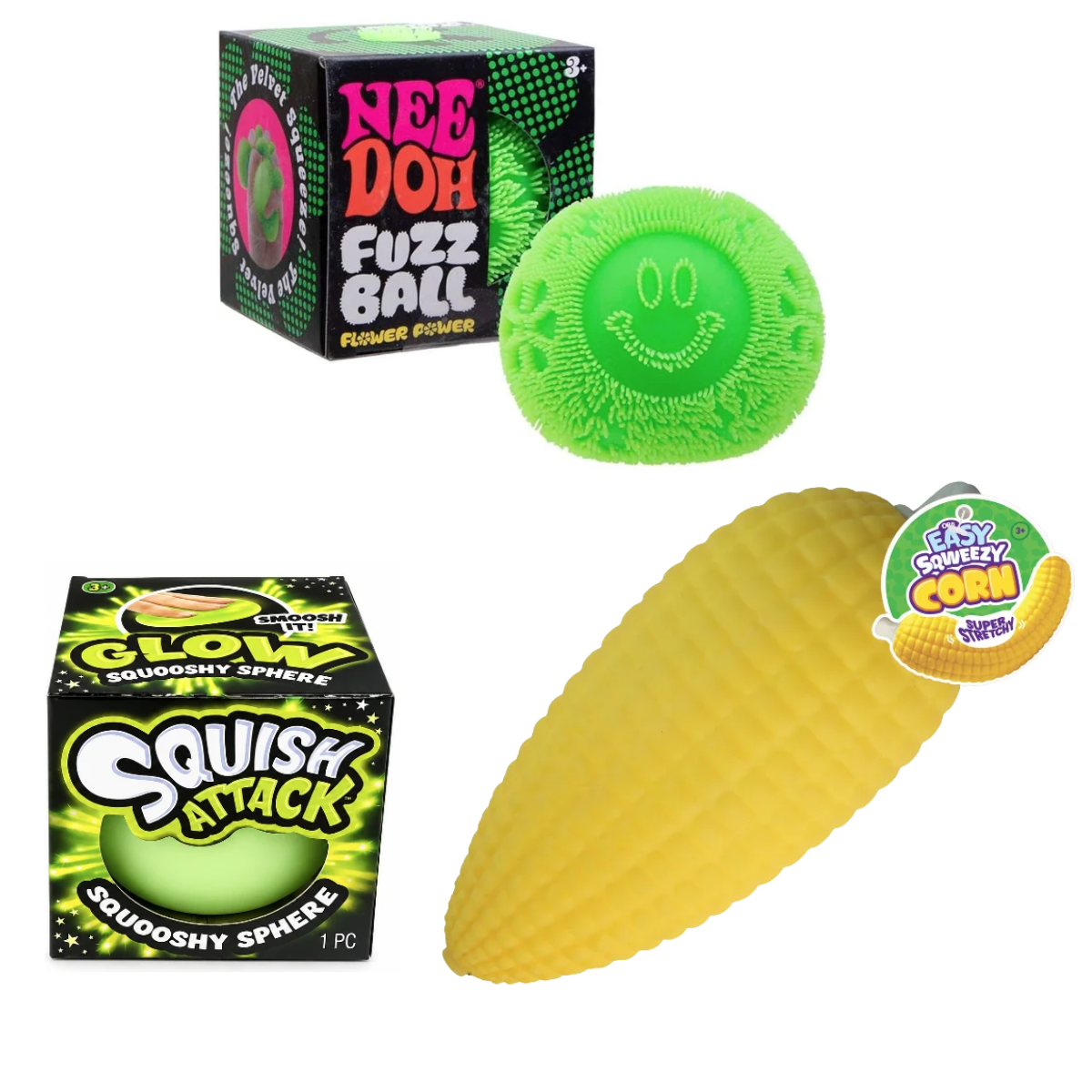 Nee Doh Bundle: Flower Power Fuzz Ball + Ja-Ru Glow Squooshy Sphere + Orb Jumbo Easy Sqweezy Corn